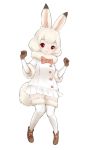  1girl animal_ears boots bow bowtie bunny_tail full_body fur-trimmed_legwear fur-trimmed_sleeves fur_collar fur_trim gloves hands_up ise_(0425) kemono_friends knees_together_feet_apart looking_at_viewer mountain_hare_(kemono_friends) multicolored multicolored_clothes multicolored_gloves pink_hair rabbit_ears red_eyes short_hair simple_background skirt solo standing tail thigh-highs white_background white_coat white_hair white_legwear white_skirt zettai_ryouiki 