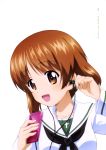  1girl :d absurdres brown_eyes brown_hair collarbone copyright_name digital_media_player earphones eyebrows_visible_through_hair girls_und_panzer highres holding ipod looking_at_viewer nishizumi_miho official_art ooarai_school_uniform open_mouth page_number portrait school_uniform shiny shiny_hair shirt short_hair simple_background smile solo white_background white_shirt yoshida_nobuyoshi 