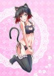  1girl absurdres animal_ears black_hair cat_cutout cat_ear_panties cat_ears cat_lingerie cat_tail cleavage_cutout gradient_hair grey_eyes highres iesupa meme_attire multicolored_hair panties redhead ruby_rose rwby short_hair side-tie_panties solo tail thigh-highs two-tone_hair underwear 