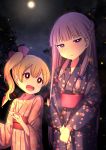  2girls alternate_hairstyle bangs blonde_hair blue_bow blunt_bangs blush bow braid commentary_request fingernails flandre_scarlet glowing height_difference highres japanese_clothes kimono light_particles long_hair moon multiple_girls nail_polish night night_sky no_hat no_headwear open_mouth own_hands_together patchouli_knowledge purple_hair red_bow red_eyes sharp_fingernails sky smile touhou tsukimirin violet_eyes wings yukata 