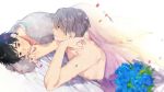  2boys bed bed_sheet black_hair blue_eyes blue_flower blurry blush bouquet brown_eyes confetti covering depth_of_field dutch_angle eyebrows_visible_through_hair fingernails flower hands_together happy interlocked_fingers katsuki_yuuri looking_at_another male_focus multiple_boys nude nude_cover pillow profile shirtless short_hair smile tadano53 viktor_nikiforov white_hair yaoi yuri!!!_on_ice 