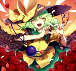 1girl black_hat bow commentary_request eyeball flower frilled_sleeves frills fuuga_(perv_rsity) green_hair hair_between_eyes hat hat_bow hat_ribbon heart heart_hands heart_of_string highres komeiji_koishi long_hair looking_at_viewer one_eye_closed open_mouth petals red_flower red_rose ribbon rose short_sleeves solo third_eye touhou yellow_bow yellow_eyes yellow_ribbon 