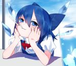 1girl blue_bow blue_eyes blue_hair blue_sky bow bowtie cirno detached_wings doyagao dress drinking_straw eyebrows_visible_through_hair fairy hair_between_eyes hair_bow ice ice_wings ikurauni looking_at_viewer pinafore_dress puffy_short_sleeves puffy_sleeves red_neckwear shiny shiny_hair shirt short_hair short_sleeves sky smile smug solo touhou v-shaped_eyebrows white_shirt wings 