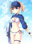  1girl artoria_pendragon_(all) baseball_cap bikini blue_sky breasts cleavage cross_(crossryou) fate/grand_order fate_(series) hair_through_headwear hat highres looking_at_viewer medium_breasts mysterious_heroine_x navel shrug_(clothing) sky smile solo swimsuit thigh_strap weapon white_bikini 