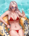  1girl aviator_sunglasses bikini bracelet breasts character_request cleavage dungeon_and_fighter earrings innertube jewelry large_breasts legs_together light_brown_hair long_hair looking_at_viewer looking_over_glasses lying monaim navel on_back open_mouth red_bikini red_eyes side-tie_bikini side-tie_bottom solo sunglasses swimsuit water wet 