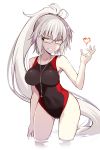  1girl bangs black-framed_eyewear black_swimsuit breasts collarbone competition_swimsuit eyebrows_visible_through_hair fate/grand_order fate_(series) glasses grey_hair grin hand_up heart highres hips jeanne_d&#039;arc_(alter)_(fate) jeanne_d&#039;arc_(fate)_(all) long_hair looking_at_viewer medium_breasts one-piece_swimsuit oota_yuuichi ponytail sidelocks simple_background smile solo swimsuit teeth tsurime very_long_hair wading whistle white_background yellow_eyes 