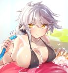  1girl asymmetrical_hair bikini black_bikini black_scrunchie blush braid breast_press breast_rest breasts car_wash closed_mouth collarbone hose kantai_collection large_breasts long_hair looking_at_viewer messy_hair polishing scrunchie simple_background single_sidelock sketch skindentation smile solo sponge swimsuit unryuu_(kantai_collection) upper_body very_long_hair wet white_hair yamaarashi yellow_eyes 