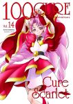  1girl akagi_towa artist_name bangs belt black_neckwear character_name choker cover cover_page cropped_legs cure_scarlet curly_hair detached_sleeves doujin_cover dress earrings eunos go!_princess_precure jewelry layered_dress long_hair magical_girl parted_bangs pink_hair pointy_ears precure quad_tails red_dress red_eyes simple_background smile solo white_background white_dress wide_sleeves 