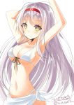  1girl bikini blush breasts closed_mouth eyebrows_visible_through_hair headband highres hizaka kantai_collection long_hair looking_at_viewer medium_breasts shoukaku_(kantai_collection) silver_hair simple_background smile solo swimsuit twitter_username white_background white_bikini yellow_eyes 