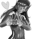  1girl bangs blush bodysuit breasts covered_navel d.va_(overwatch) eyebrows_visible_through_hair facepaint facial_mark greyscale headphones heart heart-shaped_boob_challenge heart_hands high_collar highres long_hair looking_at_viewer medium_breasts mn_(mano410) monochrome overwatch parted_lips pilot_suit ribbed_bodysuit shoulder_pads simple_background sketch skin_tight solo swept_bangs upper_body whisker_markings white_background 