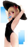  1girl absurdres alternate_costume armpits arms_up bangs black_swimsuit blonde_hair blush bow breasts collarbone commentary_request food haiiro_gundan hair_bow hair_ribbon hat highres looking_at_viewer mouth_hold one-piece_swimsuit popsicle red_eyes ribbon rumia short_hair small_breasts solo straw_hat swimsuit touhou 