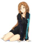  1girl arm_support asuna_(sao) barefoot black_sweater brown_eyes brown_hair collarbone copyright_name full_body long_hair looking_at_viewer naked_sweater print_sweater saruno_(eyesonly712) shiny shiny_hair simple_background sitting sketch smile solo sweater sword_art_online very_long_hair white_background 