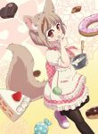  1girl animal_ears apron black_legwear bowl box brown_hair cake candy chocolate_icing commentary_request cookie cream doughnut dress fennery_(show_by_rock!!) finger_licking food fox_ears fox_tail frilled_dress frills fruit heart-shaped_box icing licking light_brown_hair pantyhose pink_footwear puffy_short_sleeves puffy_sleeves short_hair short_sleeves show_by_rock!! slice_of_cake strawberry tail tongue tongue_out wafer whisk yude_unagi 