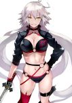  1girl 55level ahoge belt bikini black_bikini black_choker black_gloves breasts choker cleavage fate/grand_order fate_(series) gloves hand_on_hip highres holding holding_sword holding_weapon jeanne_d&#039;arc_(alter_swimsuit_berserker) jeanne_d&#039;arc_(fate)_(all) leg_belt long_hair looking_at_viewer medium_breasts navel o-ring silver_hair simple_background smile solo swimsuit sword very_long_hair weapon white_background yellow_eyes 