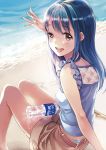  1girl :d arm_support arm_up bangs bare_legs barefoot beach blue_hair blue_panties blue_shirt blush bottle brand_name_imitation brown_hair brown_shorts eyebrows_visible_through_hair half-closed_eye knees_together_feet_apart long_hair matsuzaki_miyuki open_mouth original panties pocari_sweat round_teeth sand shirt short_shorts shorts sitting sleeveless sleeveless_shirt smile solo teeth underwear upper_teeth water water_bottle 