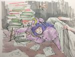  1girl bangs blue_ribbon blush book crescent crescent_hair_ornament fountain_pen frilled_sleeves frills hair_ornament hat holding holding_pen indoors ink_bottle light_bulb long_hair long_sleeves misohagi mob_cap open_mouth paper patchouli_knowledge pen purple_hair ribbon sitting sleeping table touhou writing 