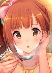  1girl :o bangs blowing blurry blurry_background blush bow brown_eyes brown_hair collarbone commentary_request depth_of_field eyebrows_visible_through_hair food hair_bow hair_tucking high_ponytail highres holding holding_spoon idolmaster idolmaster_cinderella_girls igarashi_kyouko jewelry long_hair necklace parted_lips pink_bow shirt side_ponytail sidelocks solo spoon u_rin yellow_shirt 