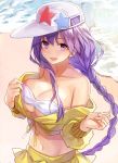  1girl bangs bare_shoulders baseball_cap bb_(fate/extra_ccc) beach braid breasts cleavage collarbone cropped_jacket fate/extra fate/extra_ccc fate/grand_order fate_(series) hat jacket large_breasts long_hair looking_at_viewer midriff navel off_shoulder open_mouth purple_hair skirt smile solo star very_long_hair violet_eyes white_bikini_top white_hat yellow_jacket yellow_skirt yuzuki_karu 