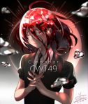  1other absurdres ahoge androgynous character_name colored_eyelashes crying crying_with_eyes_open crystal_hair gem_uniform_(houseki_no_kuni) glowing glowing_hair hair_between_eyes highres houseki_no_kuni looking_at_viewer mercury necktie red_eyes redhead sad shinsha_(houseki_no_kuni) short_hair signature solo sparkle tears upper_body 