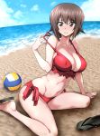  1girl bangs bare_shoulders beach bikini blush breasts brown_eyes brown_hair cleavage clouds collarbone covered_nipples eyebrows_visible_through_hair flip-flops footwear_removed frown girls_und_panzer hair_between_eyes highres horizon large_breasts nakahira_guy navel nishizumi_maho ocean red_bikini sand sandals shiny shiny_hair short_hair side-tie_bikini sitting sky solo strap_gap strap_pull sweatdrop swimsuit volleyball water 