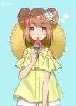  blue_background blush brown_eyes brown_hair chou2 eating eyebrows_visible_through_hair food hair_ornament hat heart ice_cream kantai_collection long_hair looking_at_viewer michishio_(kantai_collection) shirt short_shorts shorts simple_background straw_hat twitter_username white_shorts yellow_shirt 