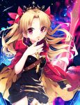  1girl asymmetrical_sleeves black_leotard black_nails blonde_hair bow cape cowboy_shot cute detached_sleeves diadem earrings ereshkigal_(fate/grand_order) fate/grand_order fate_(series) floating_hair hair_bow highres jewelry kozue1120 leotard long_hair looking_at_viewer nail_polish open_mouth outstretched_arm red_bow red_cape red_eyes solo standing tohsaka_rin 