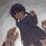  1girl aosora_(mizore) blood blood_on_face bloody_clothes blue_bow bow closed_mouth long_sleeves original purple_hair red_eyes school_uniform serafuku solo twintails yandere 