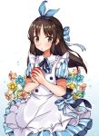  1girl :o absurdres apron bangs blue_bow blue_flower blue_ribbon blush bow brown_eyes brown_flower brown_hair commentary_request dress eyebrows_visible_through_hair fingernails flower food frilled_apron frills fruit hair_bow hair_ribbon hands_up highres holding holding_food holding_fruit idolmaster idolmaster_cinderella_girls idolmaster_cinderella_girls_starlight_stage long_hair looking_at_viewer norazura parted_lips puffy_short_sleeves puffy_sleeves red_apple ribbon short_sleeves solo striped striped_bow tachibana_arisu vertical-striped_dress vertical_stripes very_long_hair white_apron yellow_flower 