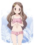  1girl aoba_kokona blush braid brown_eyes brown_hair closed_mouth collarbone frilled_swimsuit frills groin hair_ornament hairclip head_tilt katatsuka_kouji long_hair looking_at_viewer navel own_hands_together pink_swimsuit smile solo standing swimsuit very_long_hair yama_no_susume 