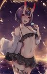  1girl absurdres bangs bare_shoulders bikini blunt_bangs blush bob_cut collarbone eyeshadow fangs fate/grand_order fate_(series) food groin hair_between_eyes headpiece highres horns jacket makeup midriff navel ocean off_shoulder oni_horns open_mouth popsicle purple_hair sherryqq short_hair shuten_douji_(fate/grand_order) solo sunset swimsuit violet_eyes water water_drop 