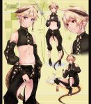  1boy androgynous animal bare_shoulders black_panties blonde_hair blue_eyes braid cowboy_shot detached_sleeves full_body highres horns long_hair male_focus midriff navel original panties polearm red_eyes shota single_braid sitting smile spear standing tail underwear weapon 