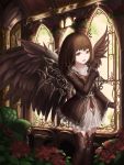 1girl black_gloves boots brown_dress brown_eyes brown_hair brown_wings clenched_hand couch dress flower gloves highres indoors knee_boots long_sleeves rinmmo smile solo standing windows wings 