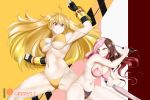  &gt;:d 2girls ahoge alfred_cullado armpits bikini black_bikini_bottom black_gloves blonde_hair breasts brown_eyes brown_hair cleavage ember_celica_(rwby) eyebrows_visible_through_hair fingerless_gloves front-tie_top gloves groin_tendon hair_between_eyes heterochromia highres large_breasts long_hair multicolored_hair multiple_girls navel neo_(rwby) patreon_username pink_bikini_top pink_eyes pink_hair pouch red_eyes rwby scarf side-tie_bottom smirk swimsuit sword_cane thighs umbrella very_long_hair watermark web_address yang_xiao_long yellow_bikini 