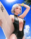  1girl bangs bare_arms bare_shoulders black_swimsuit blue_sky blush breasts casual_one-piece_swimsuit center_opening collarbone commentary_request day dungeon_and_fighter earrings eyebrows_visible_through_hair female_slayer_(dungeon_and_fighter) flipped_hair from_below halterneck highleg highleg_swimsuit holding jewelry korean_commentary large_breasts looking_at_viewer monaim navel one-piece_swimsuit outdoors palm_tree red_eyes shiny shiny_clothes short_hair silver_hair sky smile standing sunlight surfboard swimsuit sword_master_(dungeon_and_fighter) tree water wet wet_clothes 