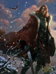  1boy armor armored_boots artist_name bird boots cape clouds copyright_name crowgod eagle fur_trim highres legend_of_the_cryptids long_hair male_focus official_art orange_hair rock sky snow snowing solo sword weapon 