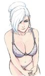  1girl blue_eyes bra breasts cleavage commission cropped_legs from_above hair_bun hair_over_one_eye large_breasts navel panties raspberrycreampie rwby sketch solo underwear white_background white_hair winter_schnee 
