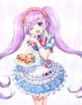  1girl ;d alternate_costume apron argyle argyle_background blue_dress blueberry blush bow center_frills club_(shape) commentary_request detached_sleeves diamond_(shape) dress enmaided food frilled_apron frills fruit green_eyes head_tilt heart holding holding_food holding_plate long_hair looking_at_viewer lunacle maid maid_apron maid_headdress manaka_lala one_eye_closed open_mouth plate pripara puffy_short_sleeves puffy_sleeves purple_hair red_bow ribbon short_sleeves sidelocks sleeveless sleeveless_dress smile solo spade_(shape) strawberry twintails very_long_hair white_apron yellow_ribbon 