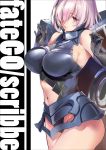  1girl armor armored_collar armored_dress armpits bangs bare_shoulders blush breasts closed_mouth commentary_request cover cover_page doujin_cover doujinshi elbow_gloves eyebrows_visible_through_hair fate/grand_order fate_(series) gloves hair_over_eyes hair_over_one_eye highres large_breasts legs looking_at_viewer marushin_(denwa0214) mash_kyrielight navel_cutout pink_eyes pink_hair shield short_hair sideboob standing 