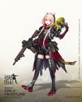  1girl :d assault_rifle bangs black_coat black_jumpsuit black_legwear boots breasts character_name chest_plate clothes_writing coat copyright_name digi-mind_update_(girls_frontline) dinergate_(girls_frontline) eotech foot_up full_body gas_mask girls_frontline gun hand_up headgear highres holding holding_gun holding_weapon infukun jumpsuit logo m4_carbine m4_sopmod_ii m4_sopmod_ii_(girls_frontline) magazine_(weapon) mechanical_arm megaphone multicolored_hair multiple_straps official_art open_clothes open_coat open_mouth pink_hair pouch prosthesis prosthetic_arm red_eyes redhead rifle ro635_(girls_frontline) short_jumpsuit sidelocks small_breasts smile spoilers standing standing_on_one_leg streaked_hair tachi-e thigh-highs thigh_boots torn_clothes torn_coat torn_jacket trigger_discipline two-tone_hair weapon zettai_ryouiki zipper zipper_pull_tab 