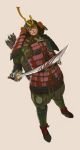  1boy angolmois:_genkou_kassenki armor arrow black_eyes black_gloves boots dirty_face gloves grey_background helmet holding holding_sword holding_weapon japanese_armor kabuto male_focus official_art quiver s_kengo scar sheath solo standing sword weapon 