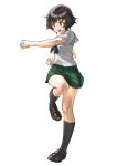  1girl akiyama_yukari bangs black_footwear black_legwear black_neckwear blouse brown_eyes brown_hair clenched_hands commentary fist_pump full_body girls_und_panzer green_skirt highres leg_up loafers looking_to_the_side messy_hair miniskirt neckerchief ooarai_school_uniform open_mouth pleated_skirt school_uniform serafuku shoes short_hair simple_background skirt smile socks solo standing standing_on_one_leg summer_uniform white_background white_blouse yamano_rita 