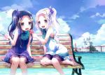  2girls 54hao :d bangs bench blue_sky bow building cityscape clouds cloudy_sky commentary_request day dress feeding fingernails food forehead hair_bow hair_ornament highres holding holding_food long_hair multiple_girls on_bench open_mouth original outdoors park_bench parted_bangs popsicle purple_bow purple_dress purple_hair purple_shorts round_teeth sandals short_shorts shorts siblings side_ponytail sisters sitting sky sleeveless sleeveless_dress smile teeth twins upper_teeth very_long_hair violet_eyes water white_dress white_hair x_hair_ornament 