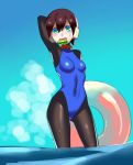  1girl aile alternate_costume arm_behind_back arm_over_head arm_up bangs blush bodystocking breasts brown_hair commentary_request food gradient gradient_background hair_between_eyes holding holding_innertube in_mouth innertube legs_apart one-piece_swimsuit popsicle robot_ears rockman rockman_zx short_hair skin_tight sky small_breasts solo spandex standing standing_on_liquid summer swimsuit ukimukai water 