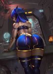  1girl artist_name ass back bare_arms bare_shoulders bent_over\r\n blue_hair butt_crack commission curvy cutesexyrobutts highres hips huge_ass indoors leaning_forward legs long_hair looking_back original purple_legwear red_eyes robot signature solo thick_thighs thigh-highs thighs wide_hips 