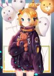  1girl abigail_williams_(fate/grand_order) absurdres balloon bangs black_bow black_jacket blonde_hair blue_eyes blush bow closed_mouth commentary_request cowboy_shot crossed_bandaids eyebrows_visible_through_hair fate/grand_order fate_(series) fou_(fate/grand_order) frilled_jacket hair_bow hair_bun highres jacket long_hair long_sleeves looking_at_viewer medjed meliyannn object_hug orange_bow parted_bangs polka_dot polka_dot_bow sleeves_past_fingers sleeves_past_wrists solo star stuffed_animal stuffed_toy teddy_bear twitter_username 