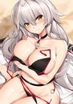  1girl ahoge arm_across_chest bangs beach bikini black_bikini black_jacket blush breasts choker cleavage collarbone day eyebrows_visible_through_hair fate/grand_order fate_(series) groin hair_between_eyes hand_on_hip highres jacket jacket_removed jeanne_d&#039;arc_(alter_swimsuit_berserker) large_breasts long_hair looking_at_viewer navel o-ring outdoors sand sidelocks sitting solo swimsuit thighs tony_guisado untied untied_bikini very_long_hair wariza yellow_eyes 