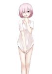  1girl collarbone covering_mouth fate/grand_order fate_(series) hair_between_eyes hair_over_one_eye hand_over_own_mouth highres jilu looking_at_viewer mash_kyrielight naked_shirt open_mouth pink_hair shirt shirt_tug short_hair short_sleeves simple_background solo standing violet_eyes white_background white_shirt 