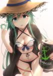  1girl alternate_costume bangs bikini black_coat blurry blush breasts can choker cleavage coat collarbone cowboy_shot depth_of_field driftkingtw enemy_lifebuoy_(kantai_collection) eyebrows_visible_through_hair flying_sweatdrops giving green_eyes green_hair hair_between_eyes hair_ornament hair_ribbon hairclip hat highres holding holding_can kantai_collection leaning_forward long_hair looking_at_viewer medium_breasts navel open_mouth ribbon shade signature simple_background solo stomach straw_hat sun_hat sweat swimsuit tareme thigh_strap white_background wide_sleeves yamakaze_(kantai_collection) 