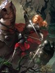  1boy armor armored_boots artist_name boots cape copyright_name crowgod faceless faceless_male gloves helmet highres horse horseback_riding legend_of_the_cryptids long_hair male_focus official_art open_mouth orange_hair riding solo sword tree weapon 