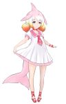 1girl chinese_white_dolphin_(kemono_friends) choker dolphin_tail dress fins full_body grey_eyes ise_(0425) kemono_friends looking_at_viewer low_twintails medium_hair multicolored_hair orange_hair pink_footwear pink_hair pink_sailor_collar puffy_short_sleeves puffy_sleeves red_choker red_ribbon ribbon sailor_collar sailor_dress shoes short_sleeves simple_background skirt_hold smile solo tail twintails white_background white_dress white_hair wrist_ribbon
